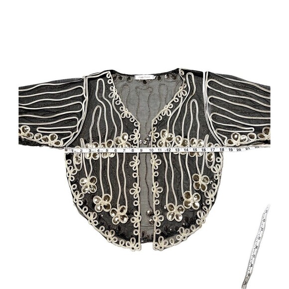 Simply Couture Cardigan Black Mesh Gold Sequined Flutter Sleeves‎ Open Front S - Picture 10 of 11
